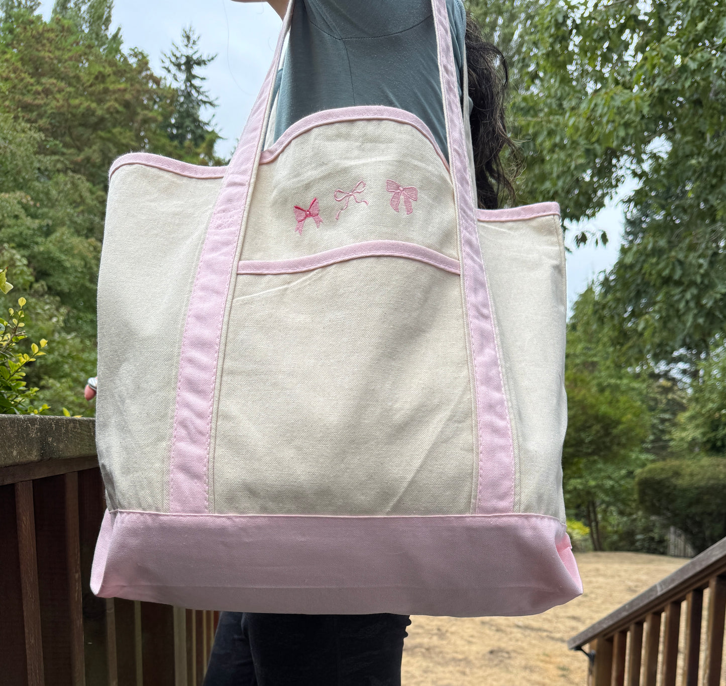 Pink Large Embroidered Boat Tote Canvas Bag with Three Pink Coquette Bows