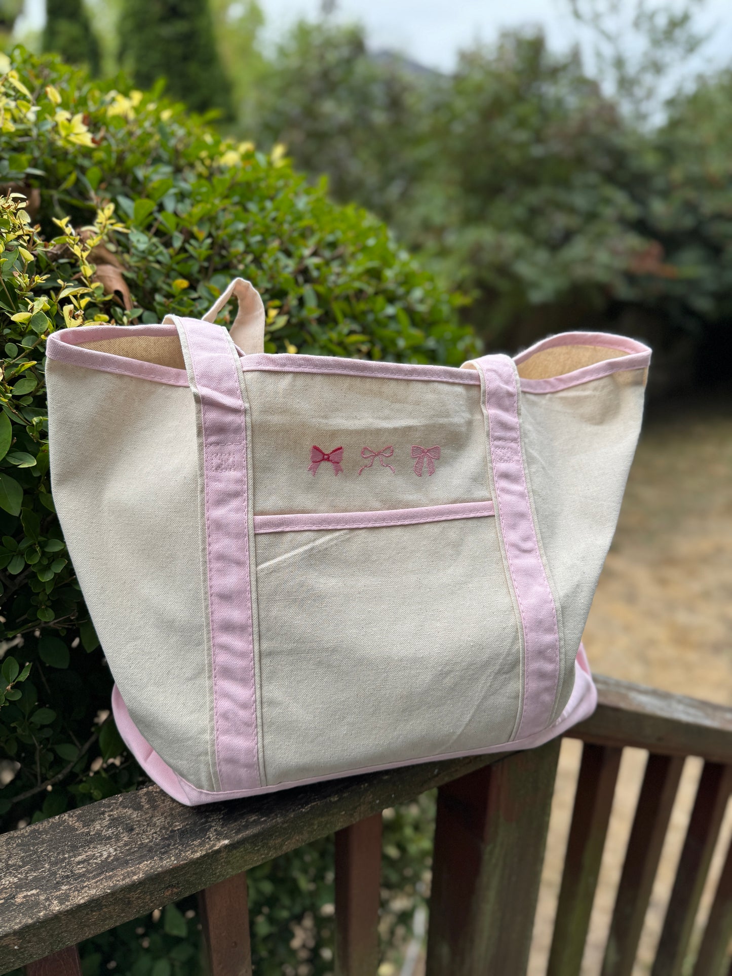 Pink Large Embroidered Boat Tote Canvas Bag with Three Pink Coquette Bows