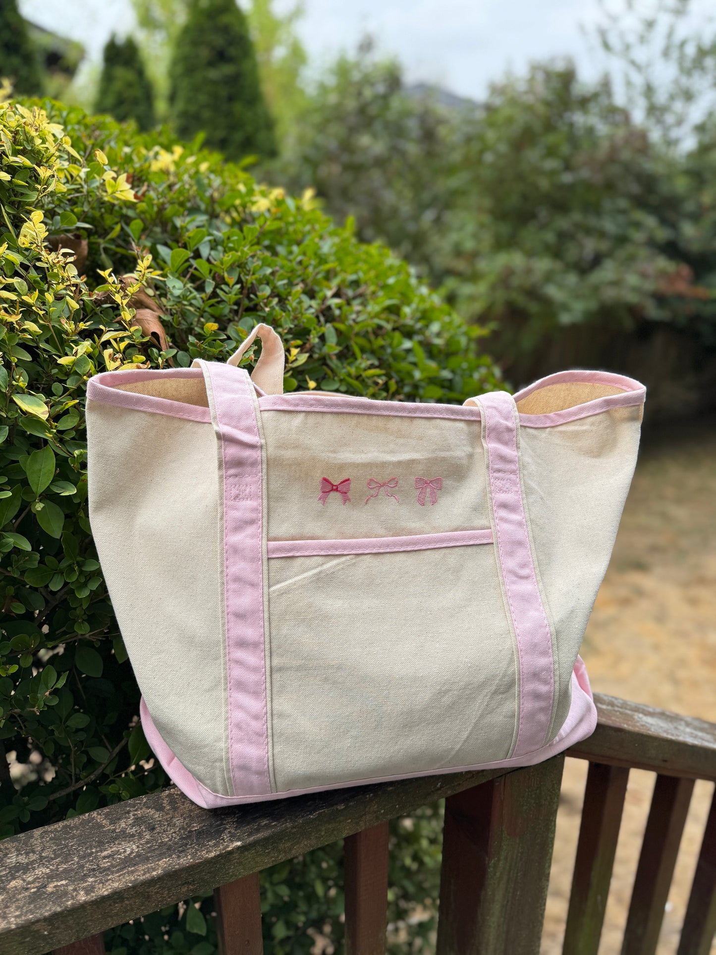 Pink Large Embroidered Boat Tote Canvas Bag with Three Pink Coquette Bows