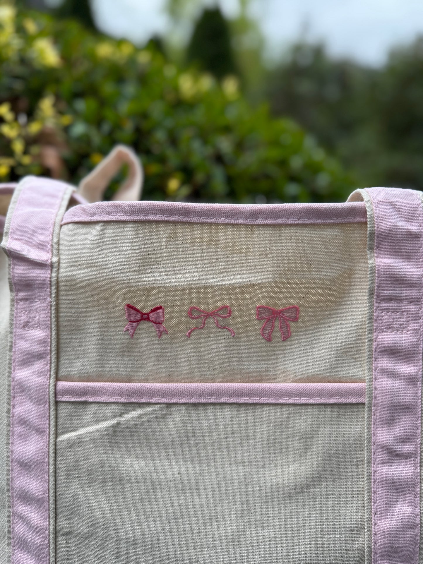 Pink Large Embroidered Boat Tote Canvas Bag with Three Pink Coquette Bows