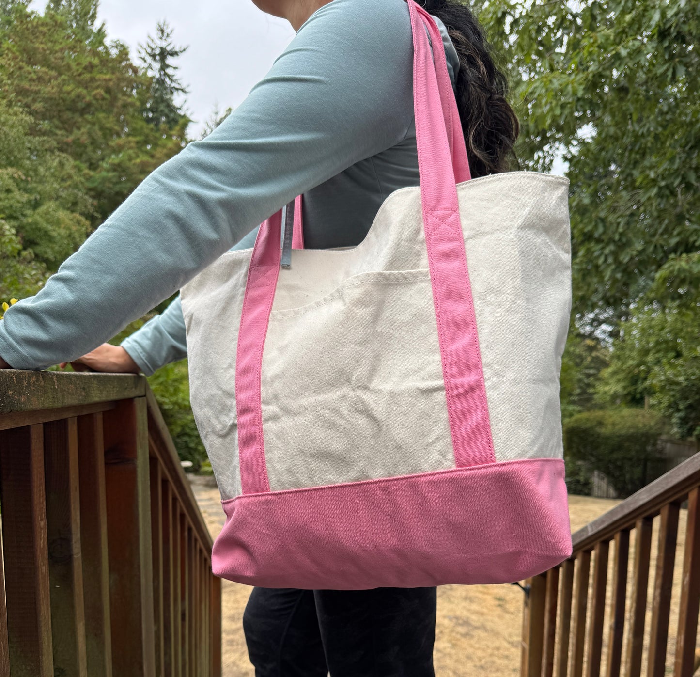 Dark Pink & Natural Large Custom Embroidered Canvas Boat Tote Bag