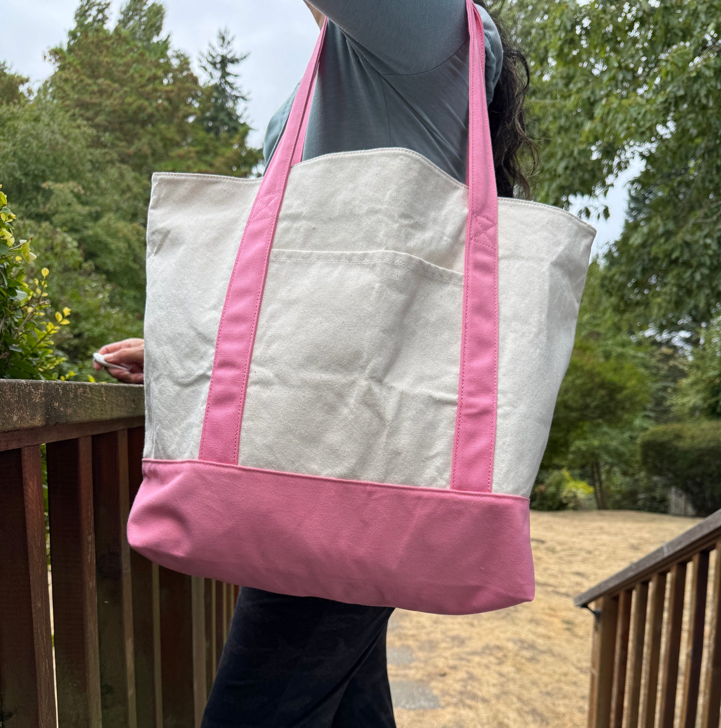 Dark Pink & Natural Large Custom Embroidered Canvas Boat Tote Bag