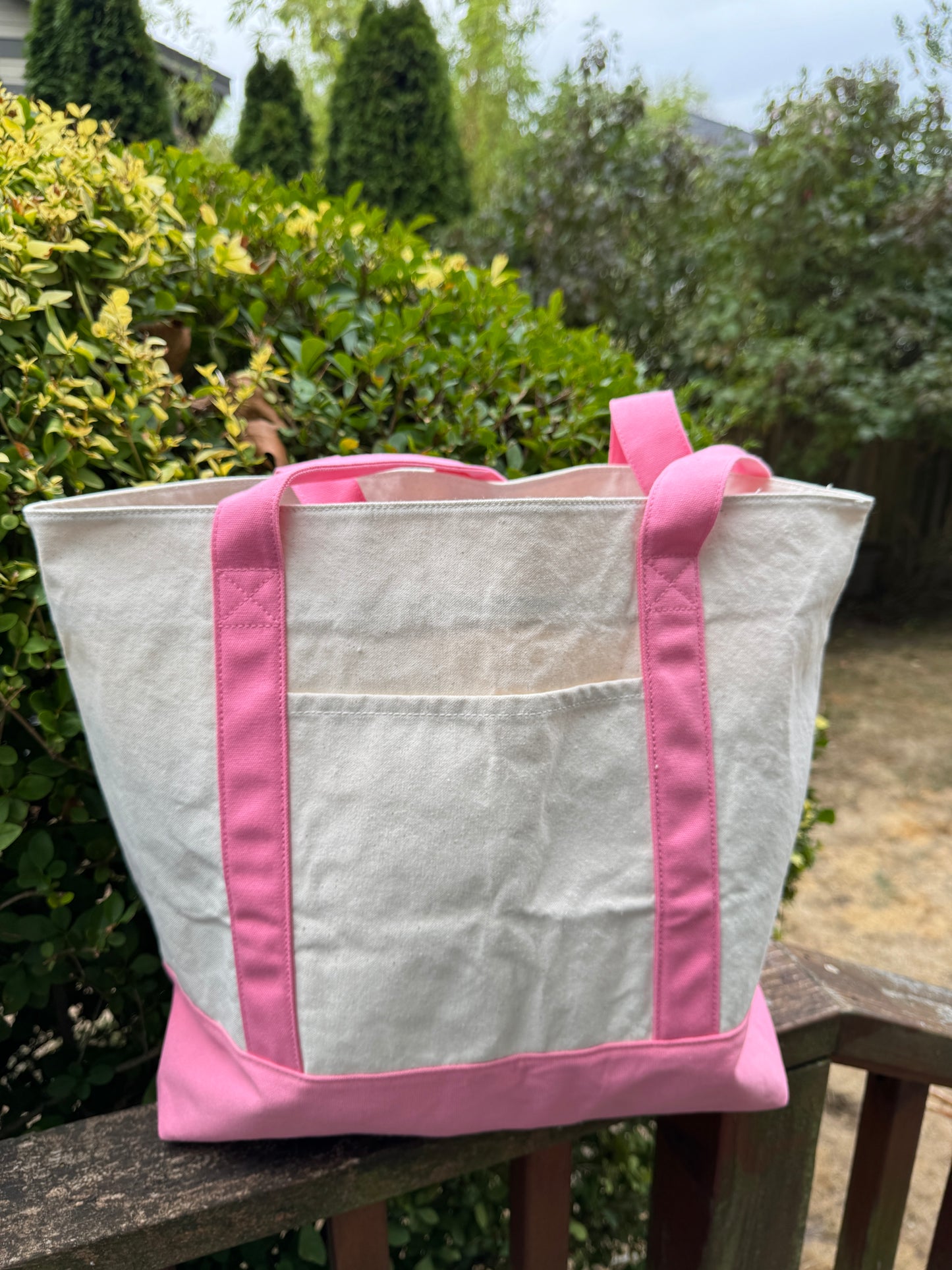 Dark Pink & Natural Large Custom Embroidered Canvas Boat Tote Bag