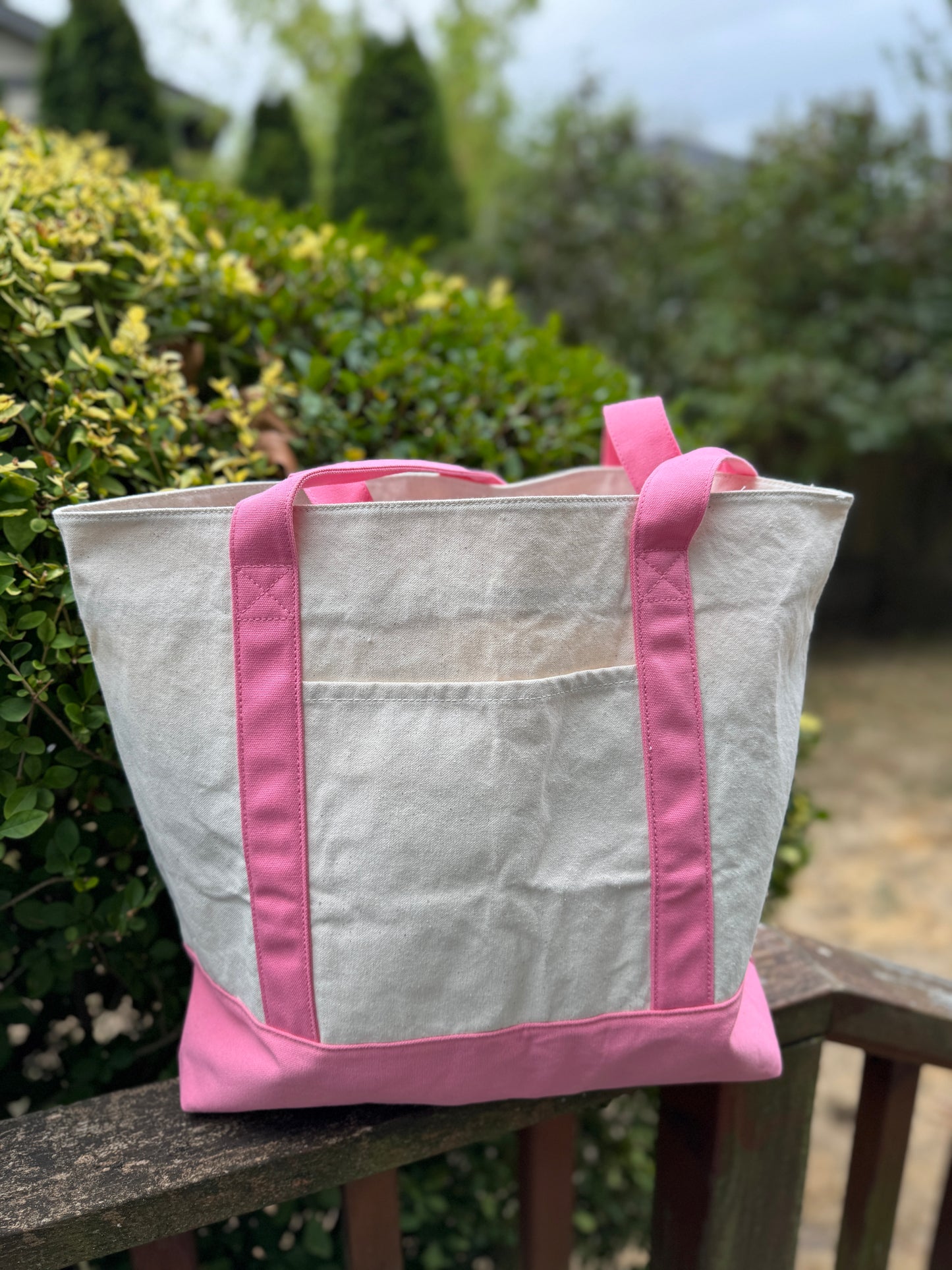 Dark Pink & Natural Large Custom Embroidered Canvas Boat Tote Bag
