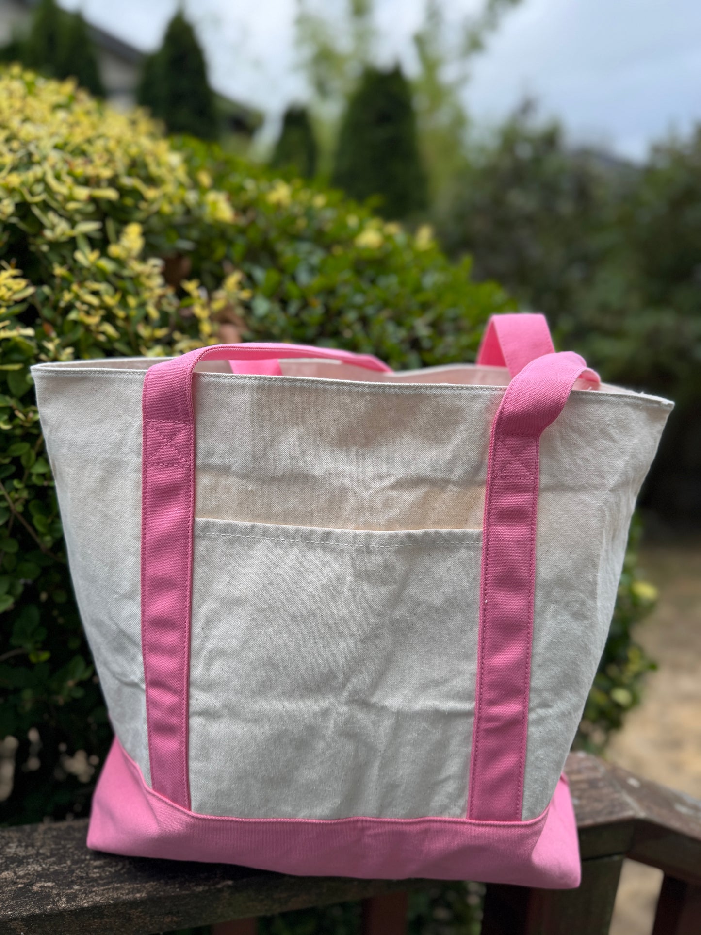 Dark Pink & Natural Large Custom Embroidered Canvas Boat Tote Bag
