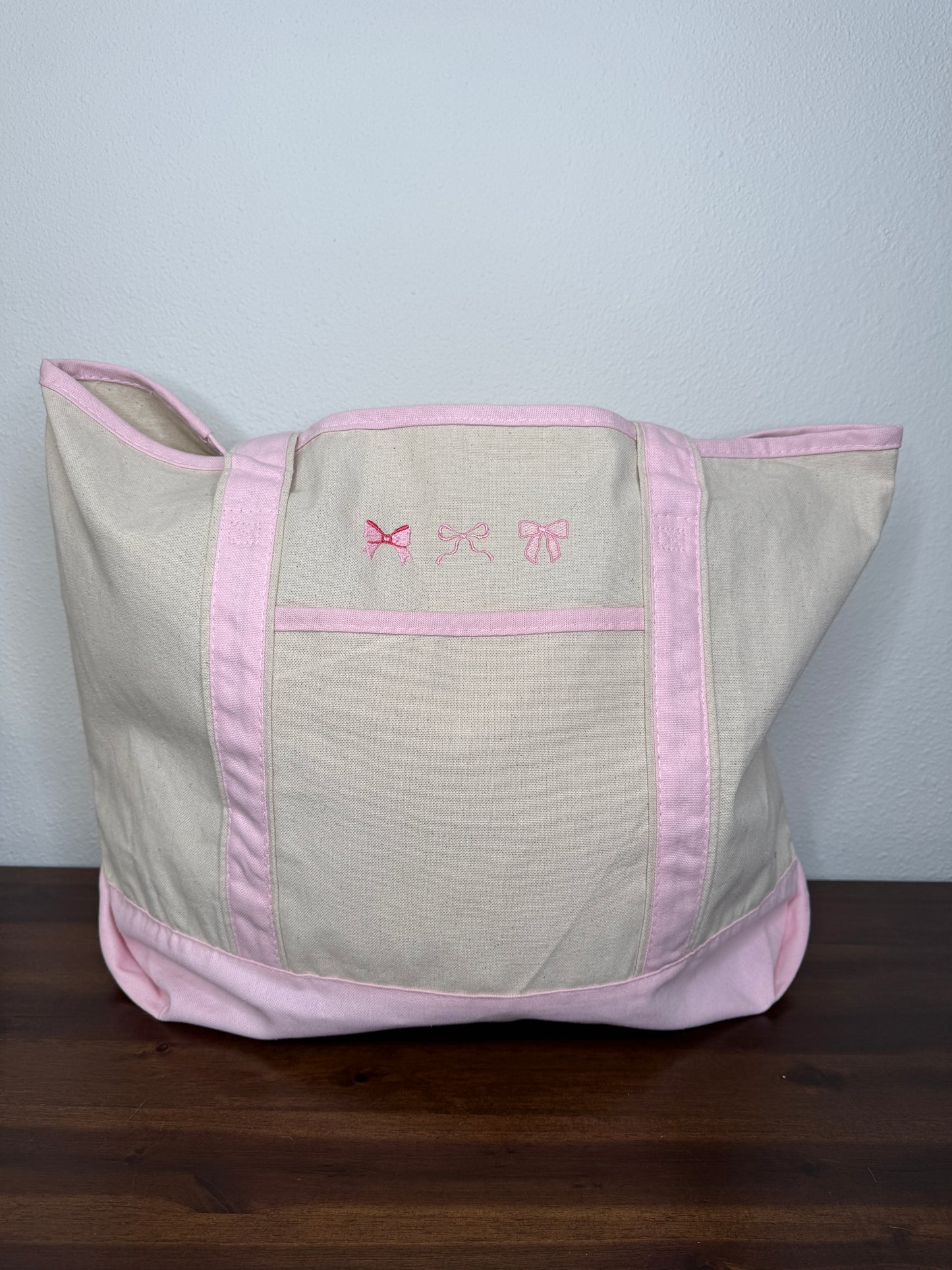 Pink Large Embroidered Boat Tote Canvas Bag with Three Pink Coquette Bows