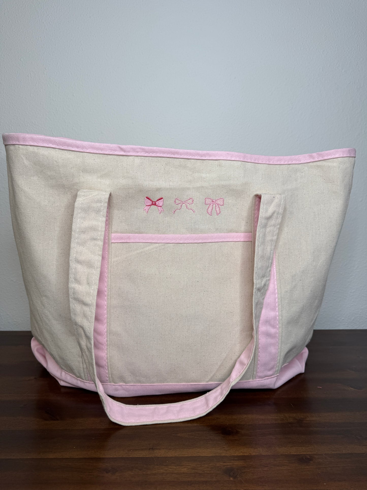 Pink Large Embroidered Boat Tote Canvas Bag with Three Pink Coquette Bows