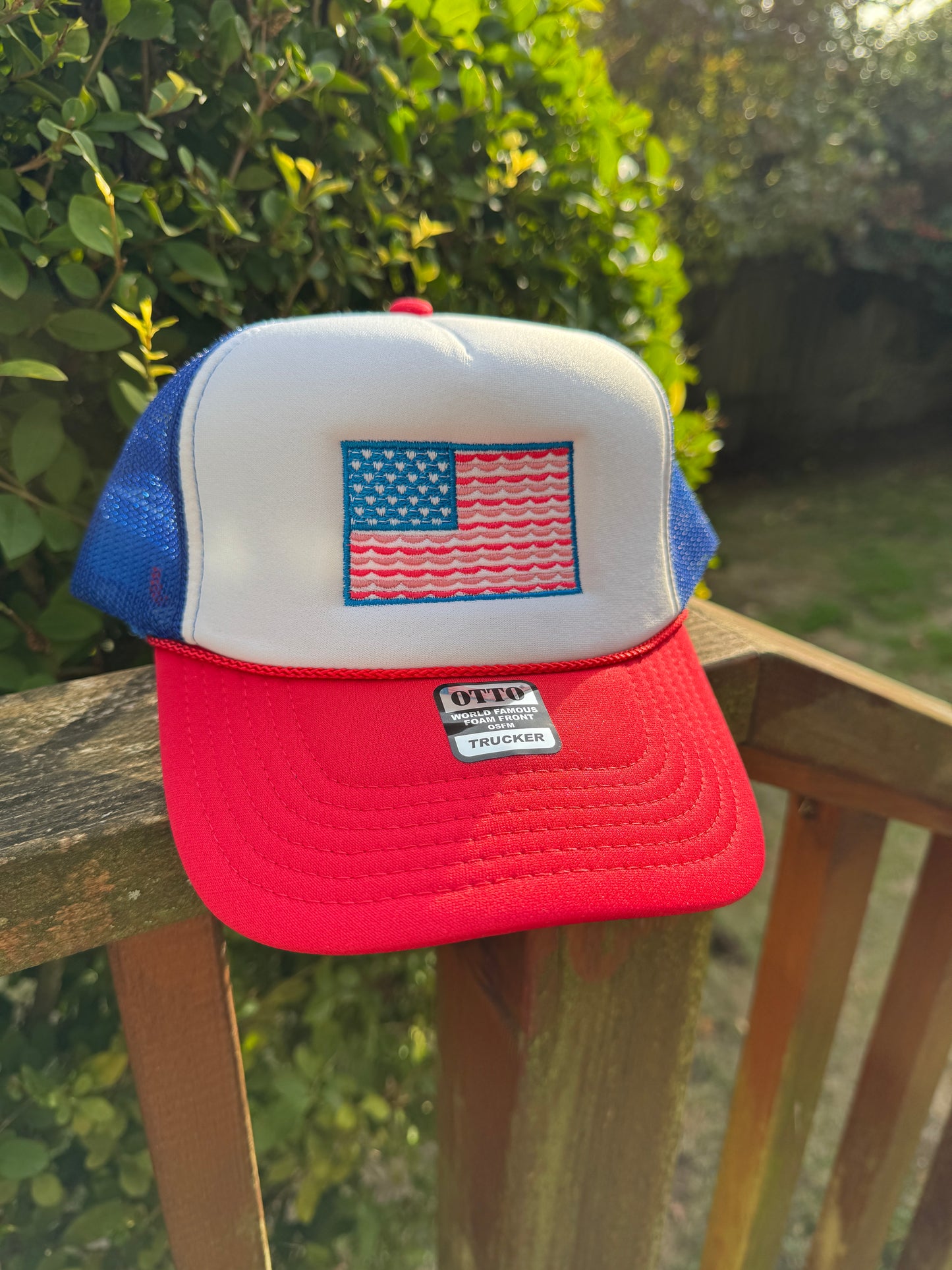 USA Coquette Flag Embroidered Foam Trucker Hat - Coquette Patriotic Aesthetic Flag