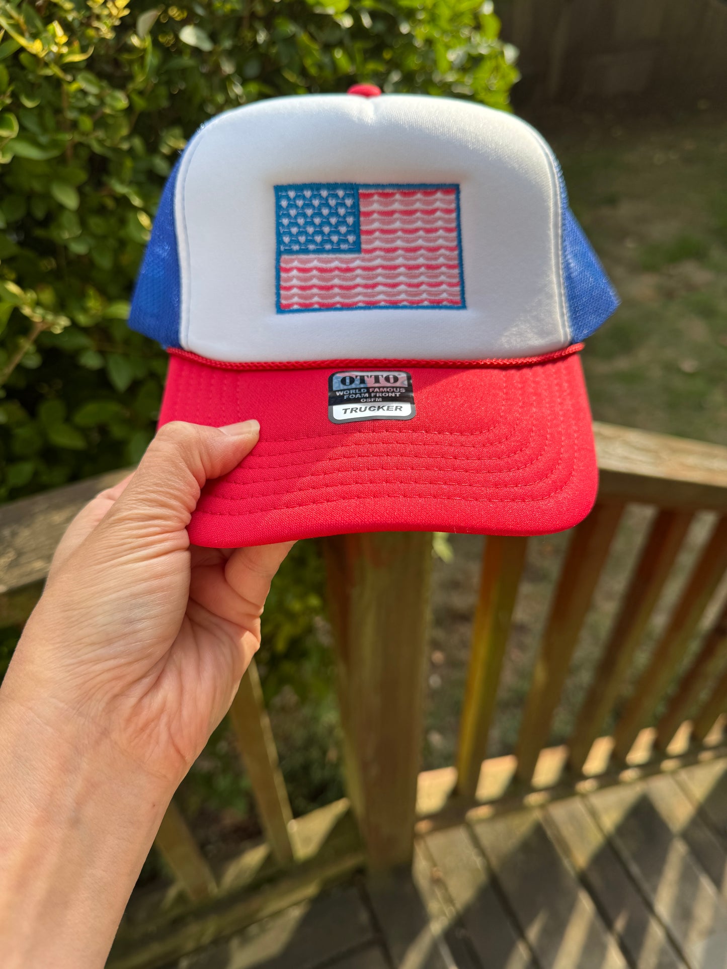 USA Coquette Flag Embroidered Foam Trucker Hat - Coquette Patriotic Aesthetic Flag