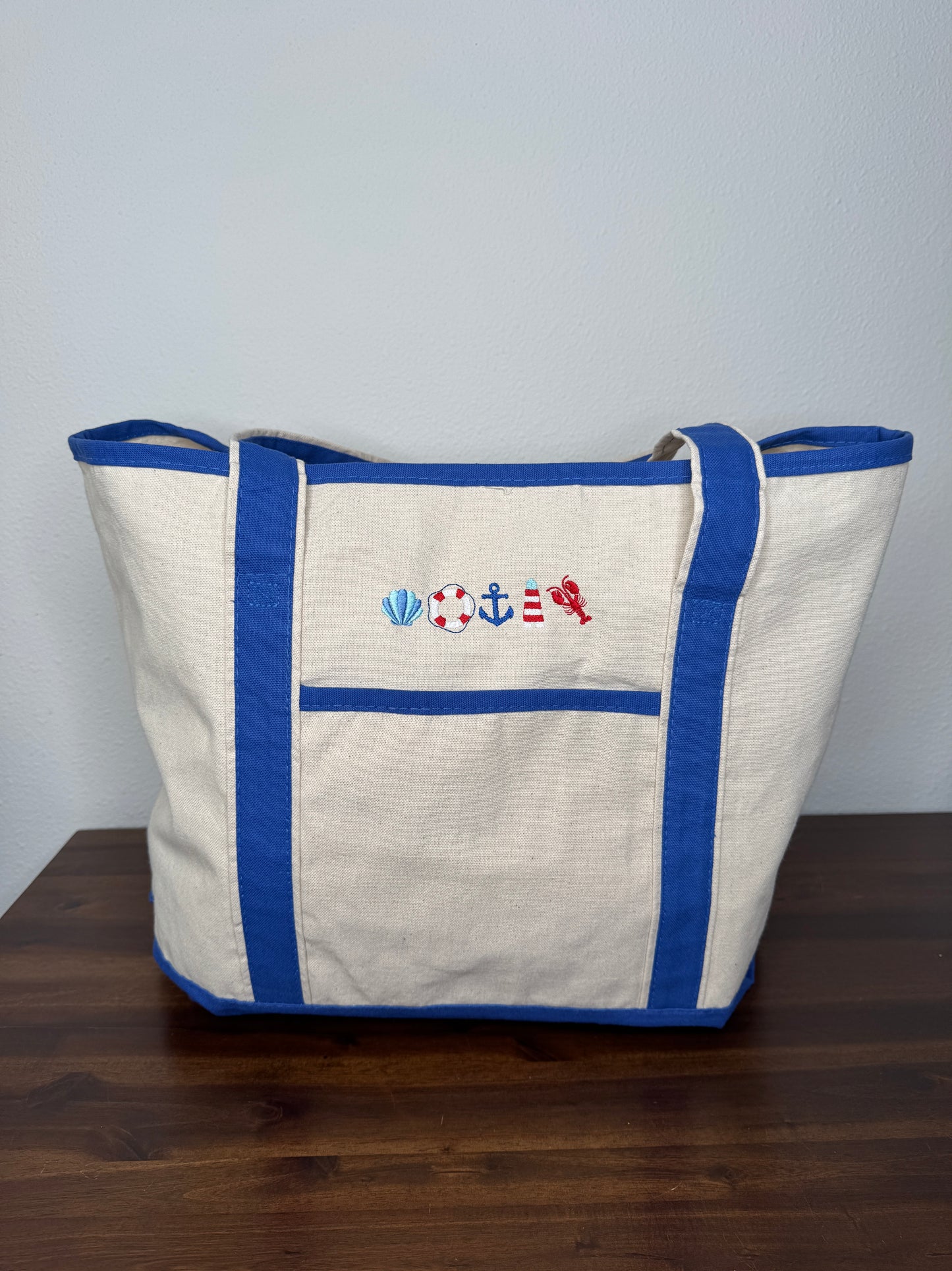 Embroidered Large Boat Tote Canvas Bag - Dark Royal Blue - Coastal Chic Design