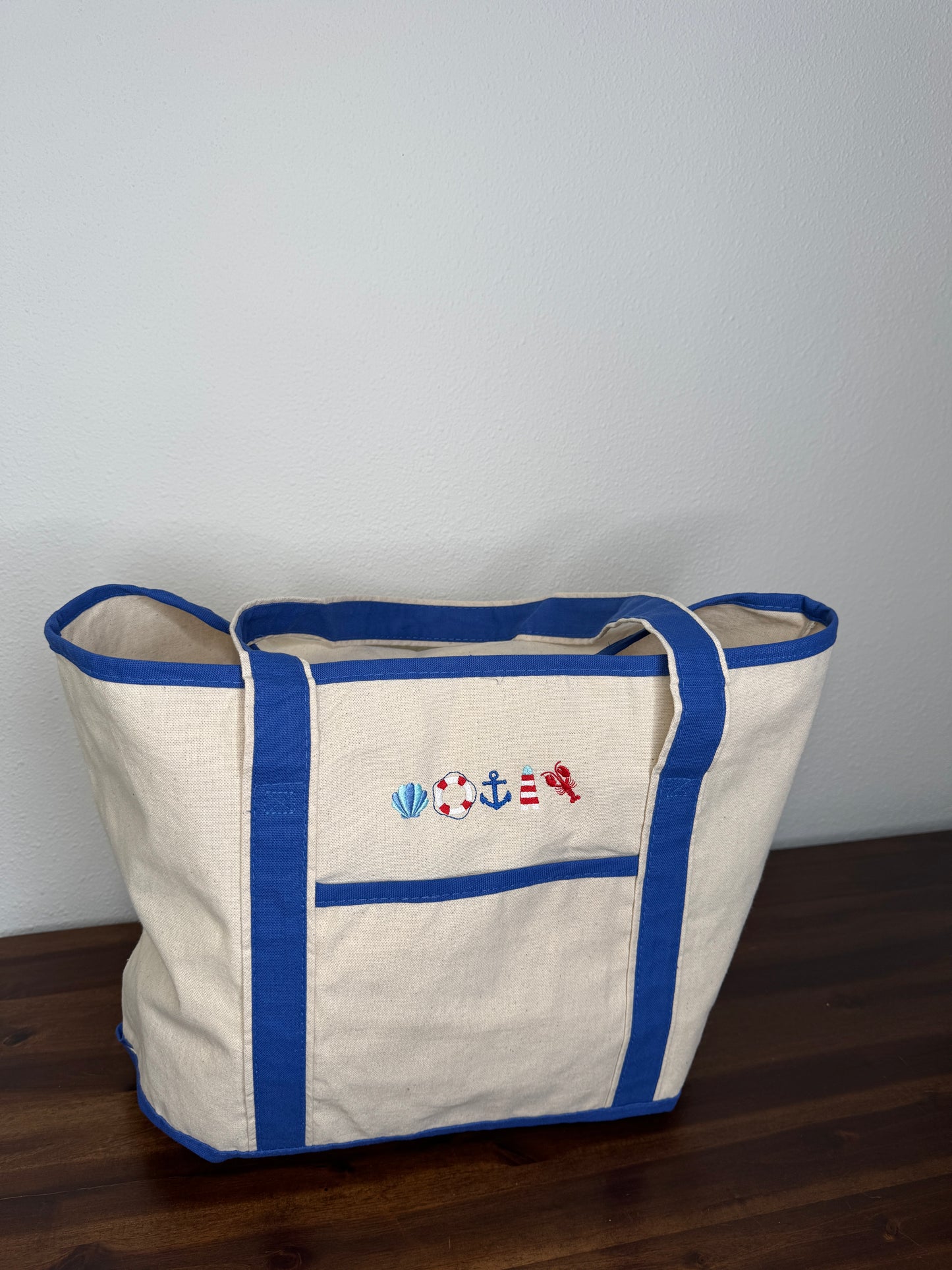 Embroidered Large Boat Tote Canvas Bag - Dark Royal Blue - Coastal Chic Design