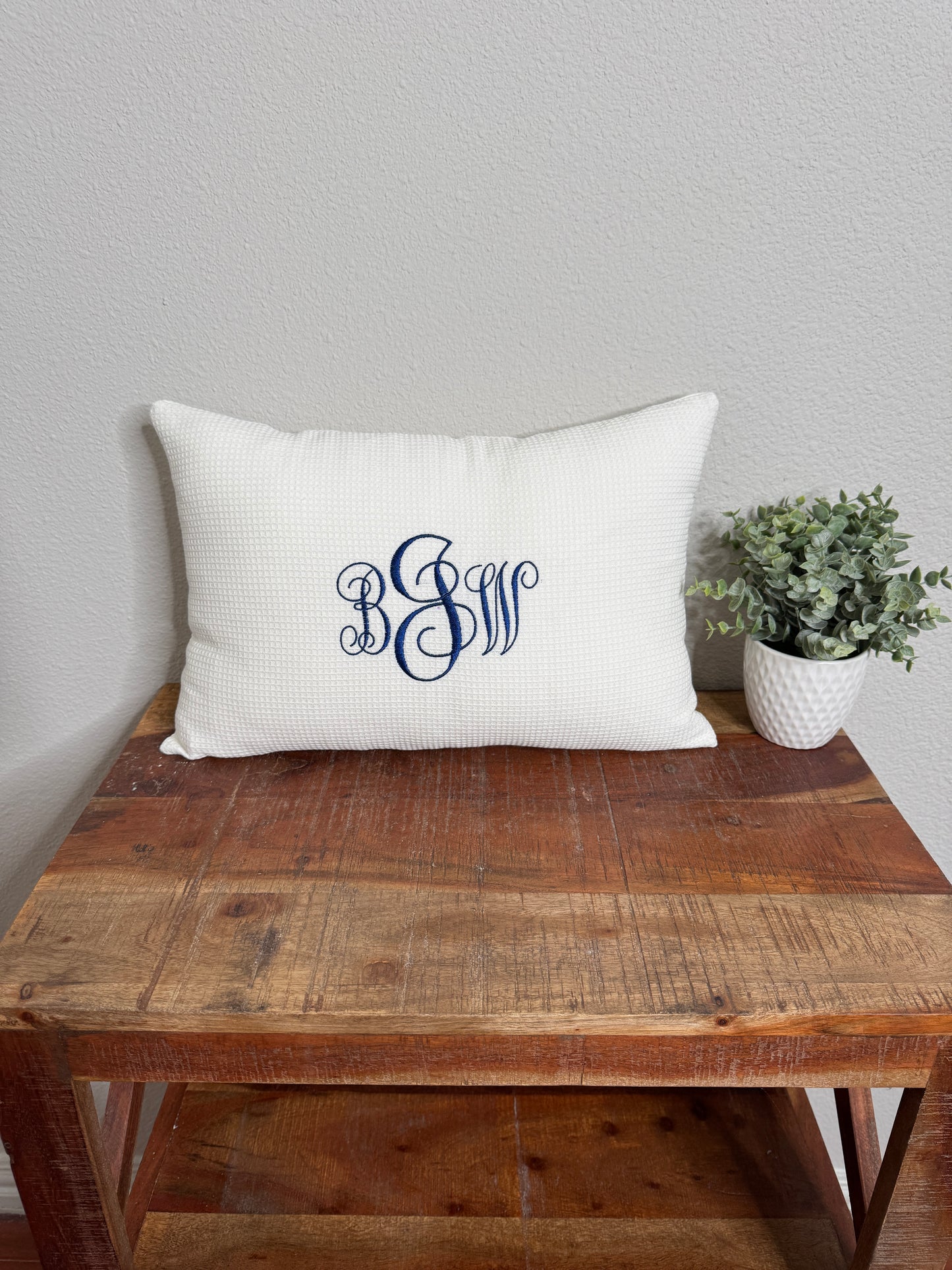 White Waffle Weave Lumbar Pillow Cover with Monogram Personalization - 12x20