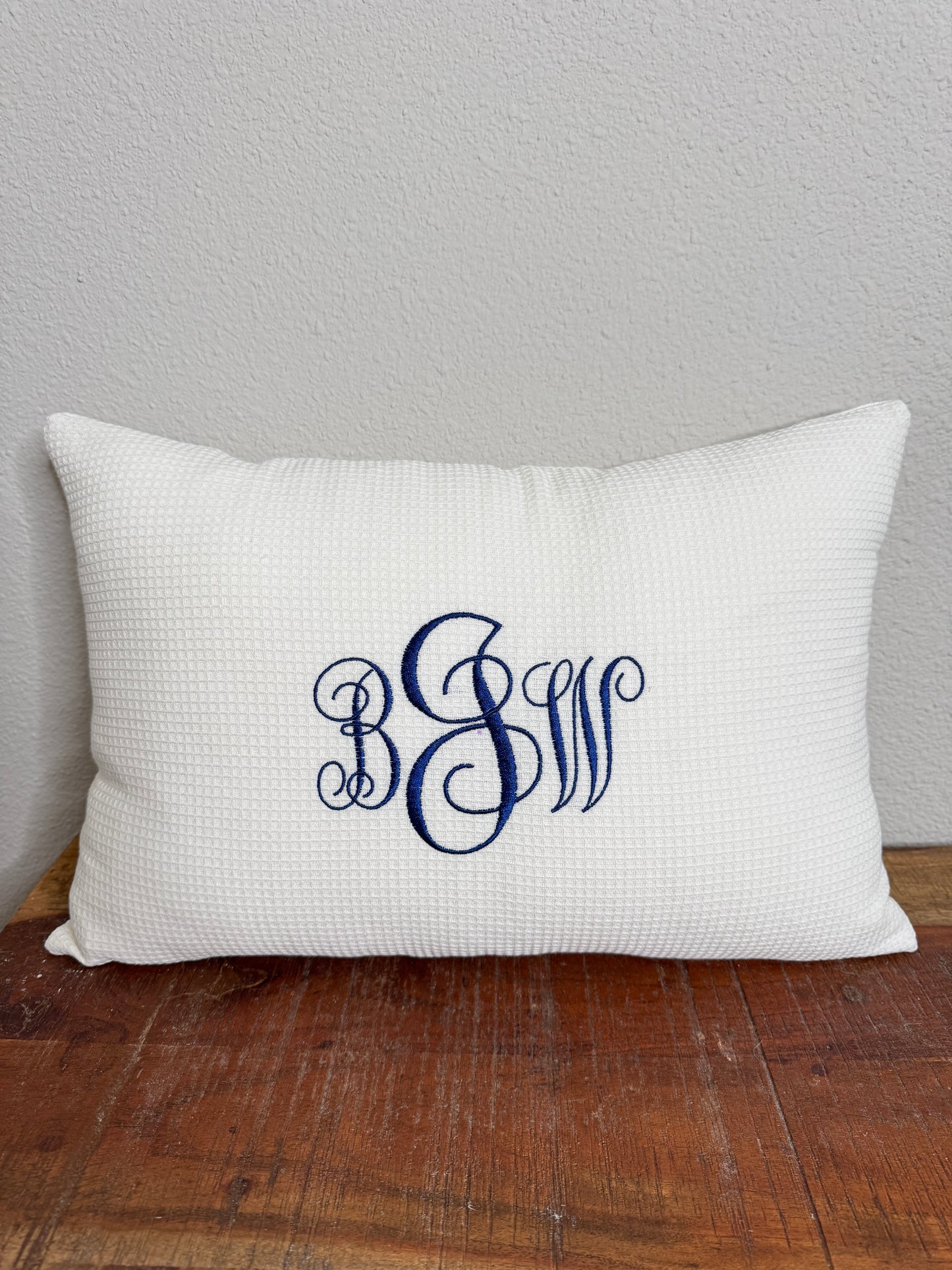 White Waffle Weave Lumbar Pillow Cover with Monogram Personalization - 12x20