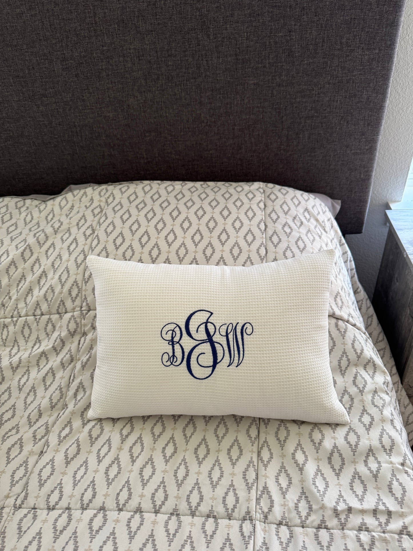 White Waffle Weave Lumbar Pillow Cover with Monogram Personalization - 12x20