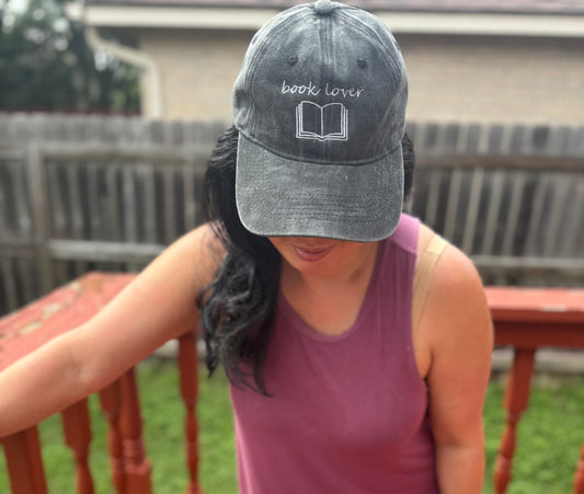 Book Lovers Embroidered Dad Hat with Open Book Graphic - Adjustable Distressed Baseball Cap