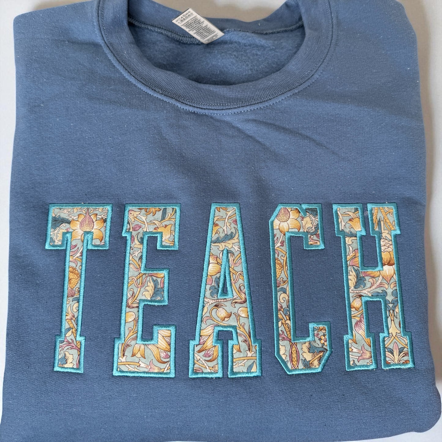 TEACH embroidered Applique Crewneck with William Morris Fabric