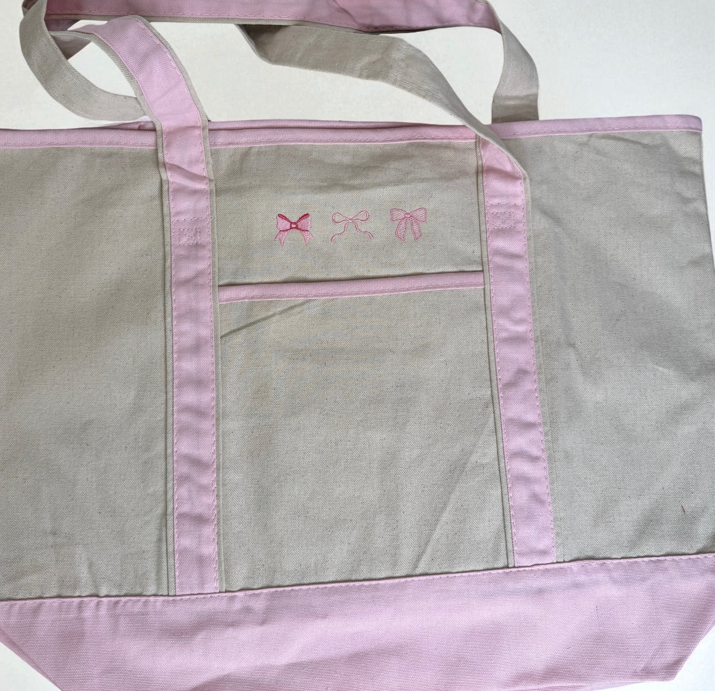 Pink Large Embroidered Boat Tote Canvas Bag with Three Pink Coquette Bows