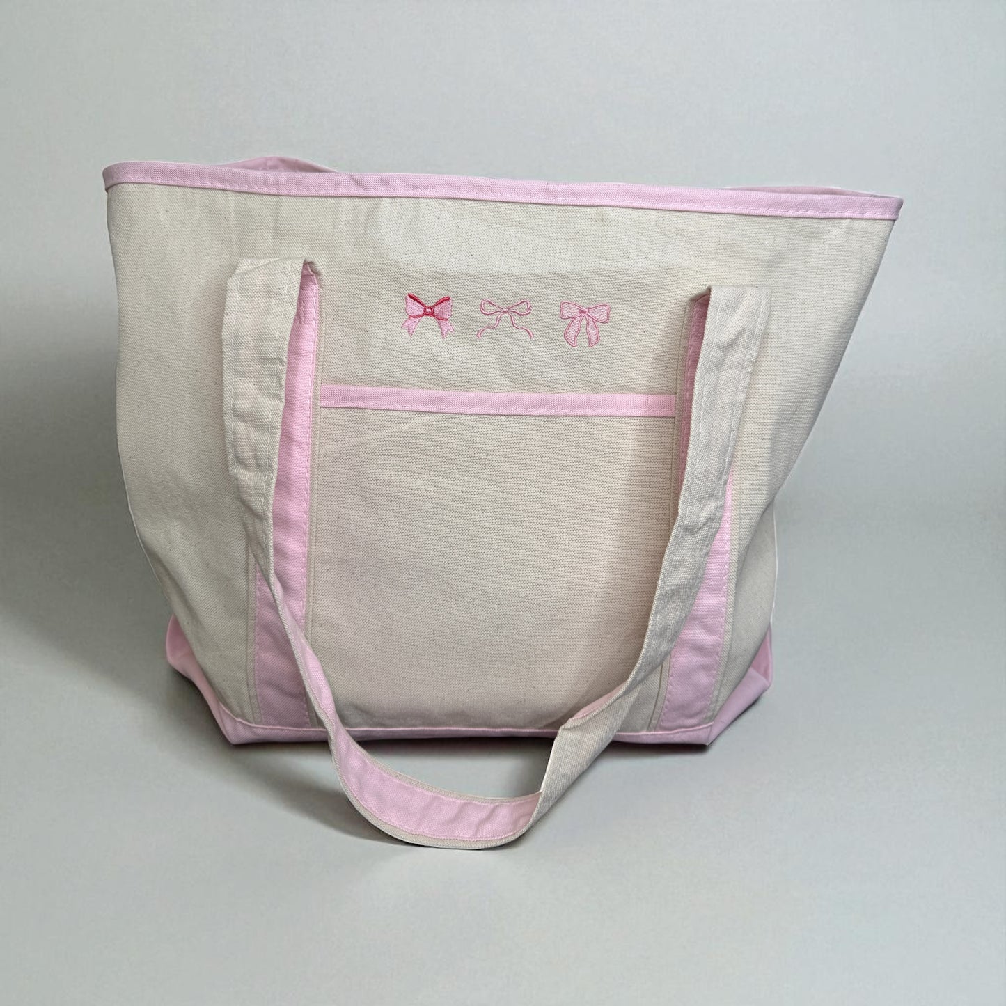 Pink Large Embroidered Boat Tote Canvas Bag with Three Pink Coquette Bows