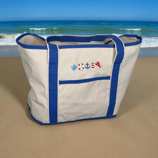 Embroidered Large Boat Tote Canvas Bag - Dark Royal Blue - Coastal Chic Design
