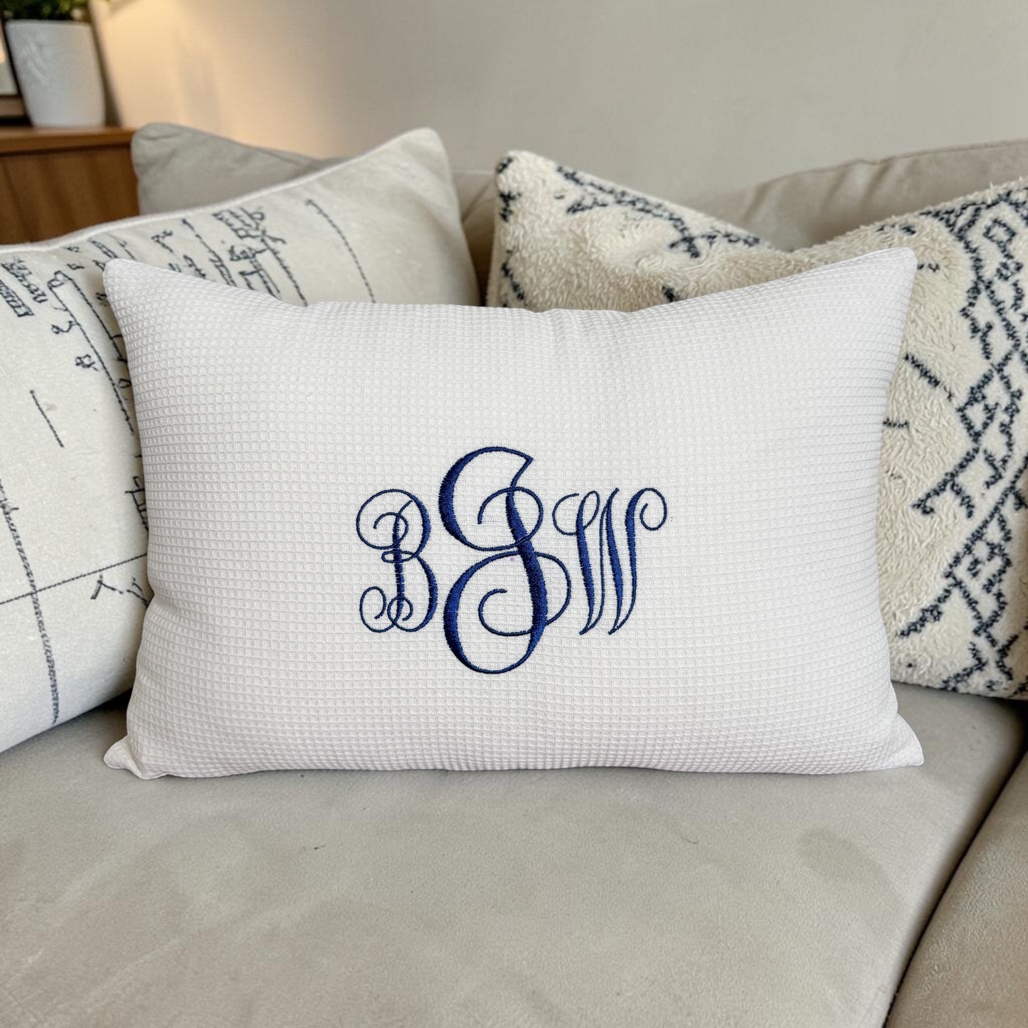 White Waffle Weave Lumbar Pillow Cover with Monogram Personalization - 12x20