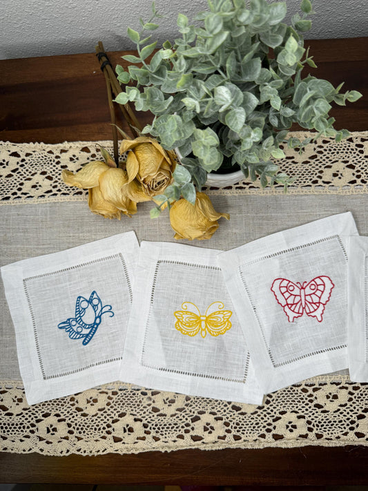 Colorful Butterflies Embroidered Linen Cocktail Napkins (Set of 8)