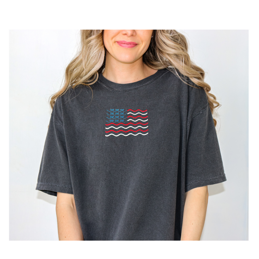 Independence Day July 4th Bow Flag Embroidered T-Shirt - Comfort Colors