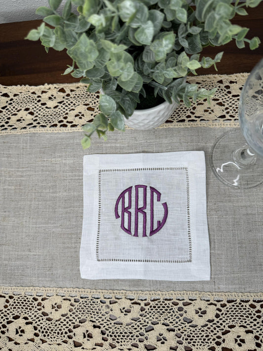 Customized Monogram Stamp Embroidered Linen Cocktail Napkins (Set of 4,6,8)