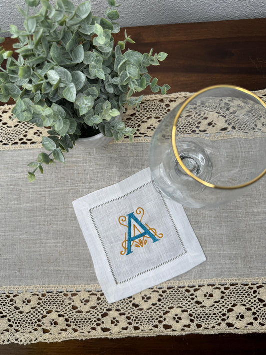 Customized Monogram One Initial Two Toned Embroidered Linen Cocktail Napkins (Set of 4,6,8)