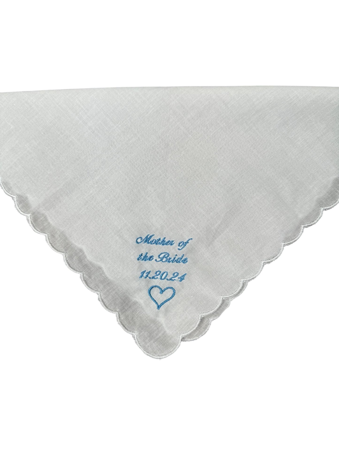 Embroidered Wedding Handkerchief Mother of the Bride with wedding date and heart scalloped satin