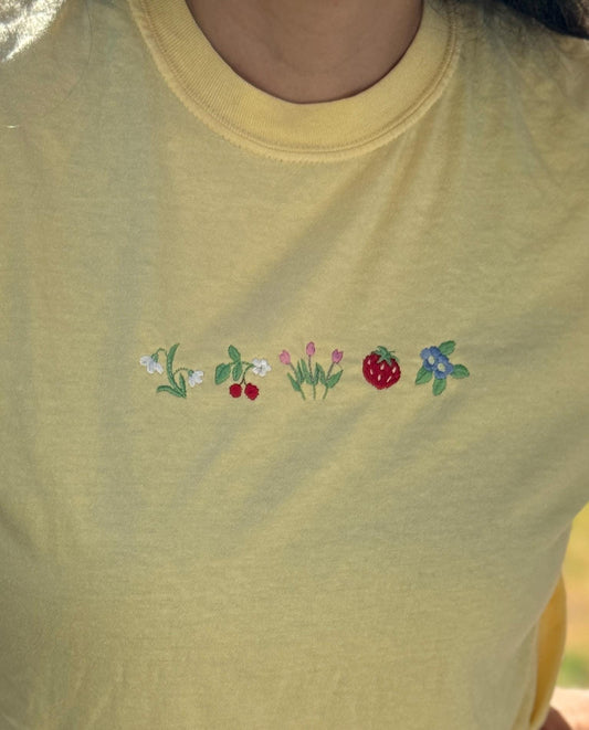 Summer Fruits & Flowers Embroidered T-shirt Comfort Colors - Cottage Core