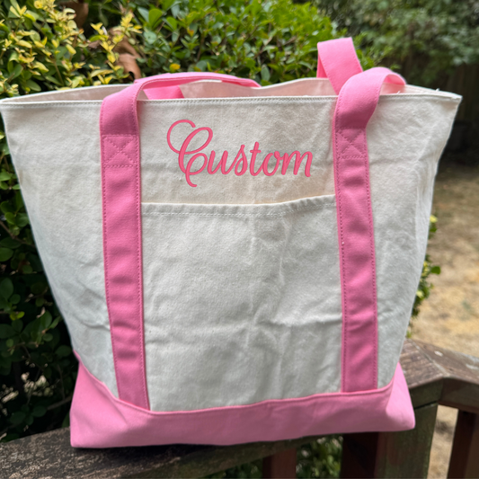 Dark Pink & Natural Large Custom Embroidered Canvas Boat Tote Bag