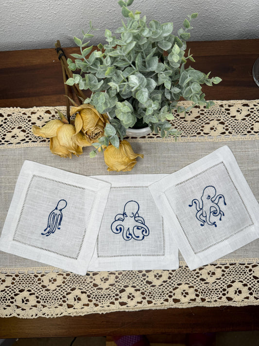 Marine Octopus Embroidered Linen Cocktail Napkins (Set of 6)