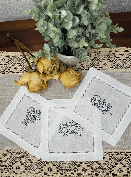 Minimalist Rose Embroidered Party Linen Cocktail Napkins (Set of 8)