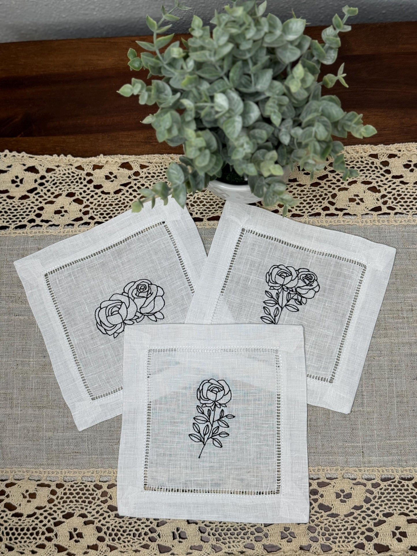 Minimalist Rose Embroidered Party Linen Cocktail Napkins (Set of 8)