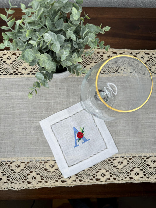 Customized Monogram One Initial Floral Rose Embroidered Linen Cocktail Napkins (Set of 4,6,8)