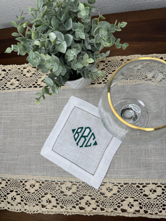 Customized Monogram Diamond Embroidered Linen Cocktail Napkins (Set of 4,6,8)