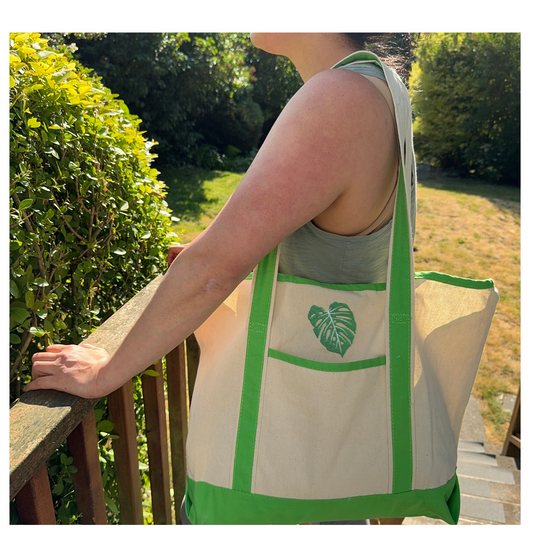 Large Green Boat Tote Canvas Bag with Embroidered Monstera Leaf