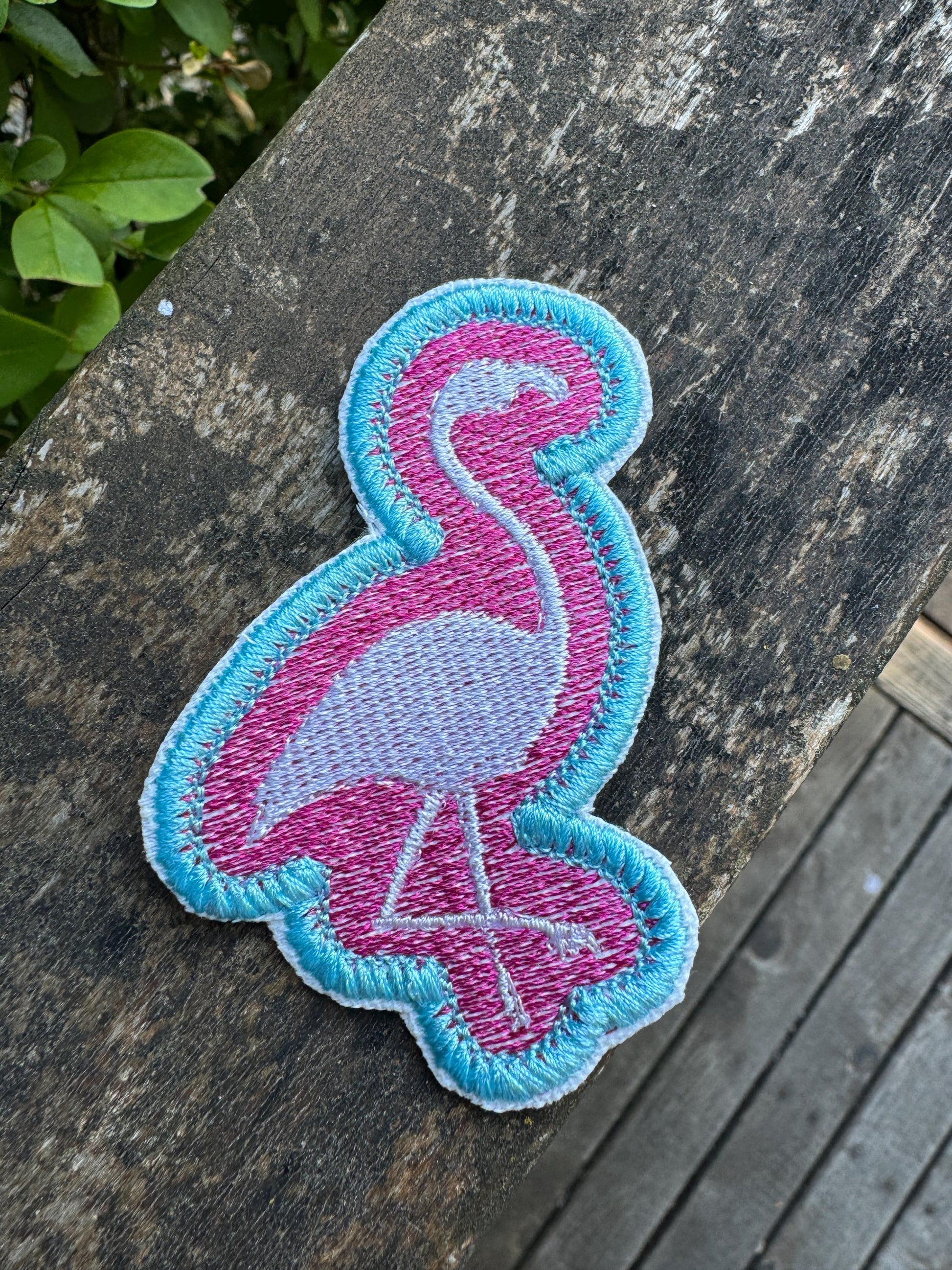 Embroidered Patch Flamingo with Pink and Blue background - iron or sew on - backpack, trucker hat, clothing - gifts for her