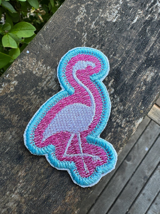 Embroidered Patch Flamingo with Pink and Blue background - iron or sew on - backpack, trucker hat, clothing - gifts for her