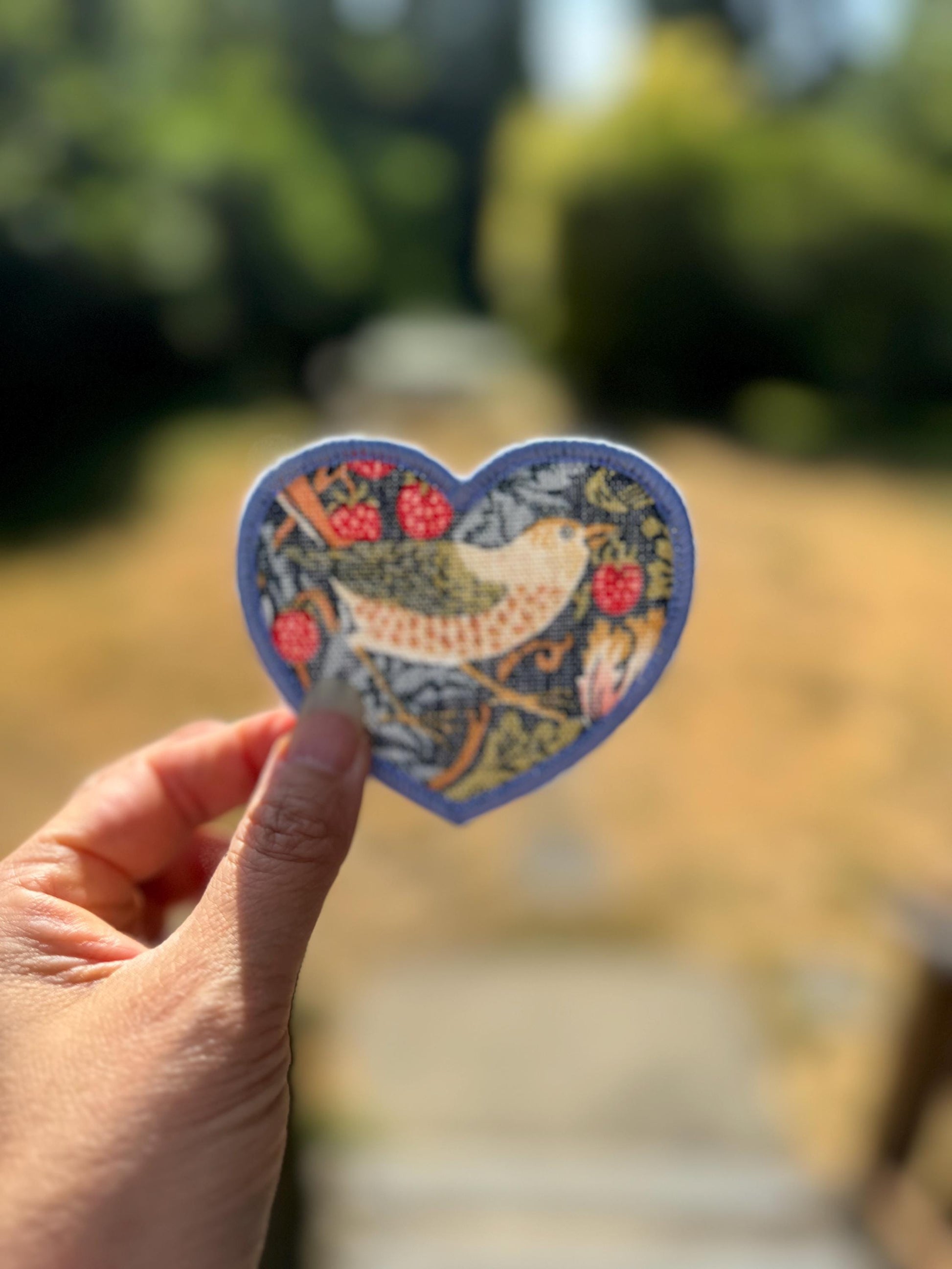 William Morris Fabric Heart Applique Patches - Strawberry Thief Navy, Willow Bough Green, Aqua, Golden Lily - iron on-gift for her