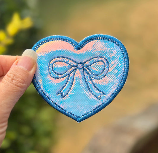 Holographic Embroidered Heart Patch with Bow - cute & shiny accent - iron or sew on - backpack, trucker hat, clothing - gifts for her