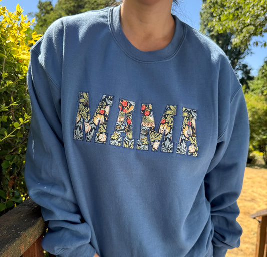 William Morris Strawberry Thief Navy MAMA Applique Crewneck - Embroidered Satin Stitch - Designer Fabric England - Gildan & Comfort Colors