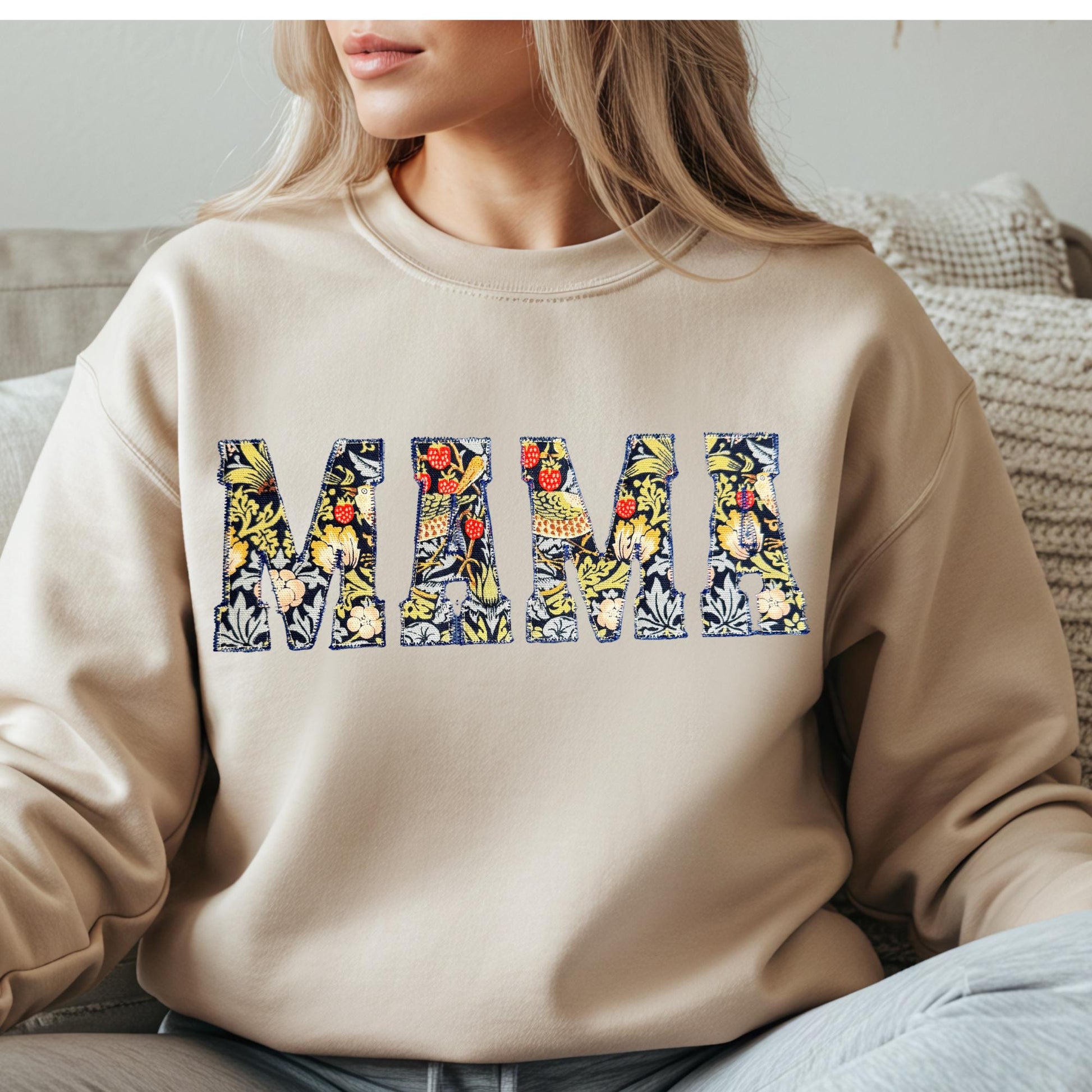 William Morris Strawberry Thief Navy MAMA Applique Crewneck - Embroidered Satin Stitch - Designer Fabric England - Gildan & Comfort Colors