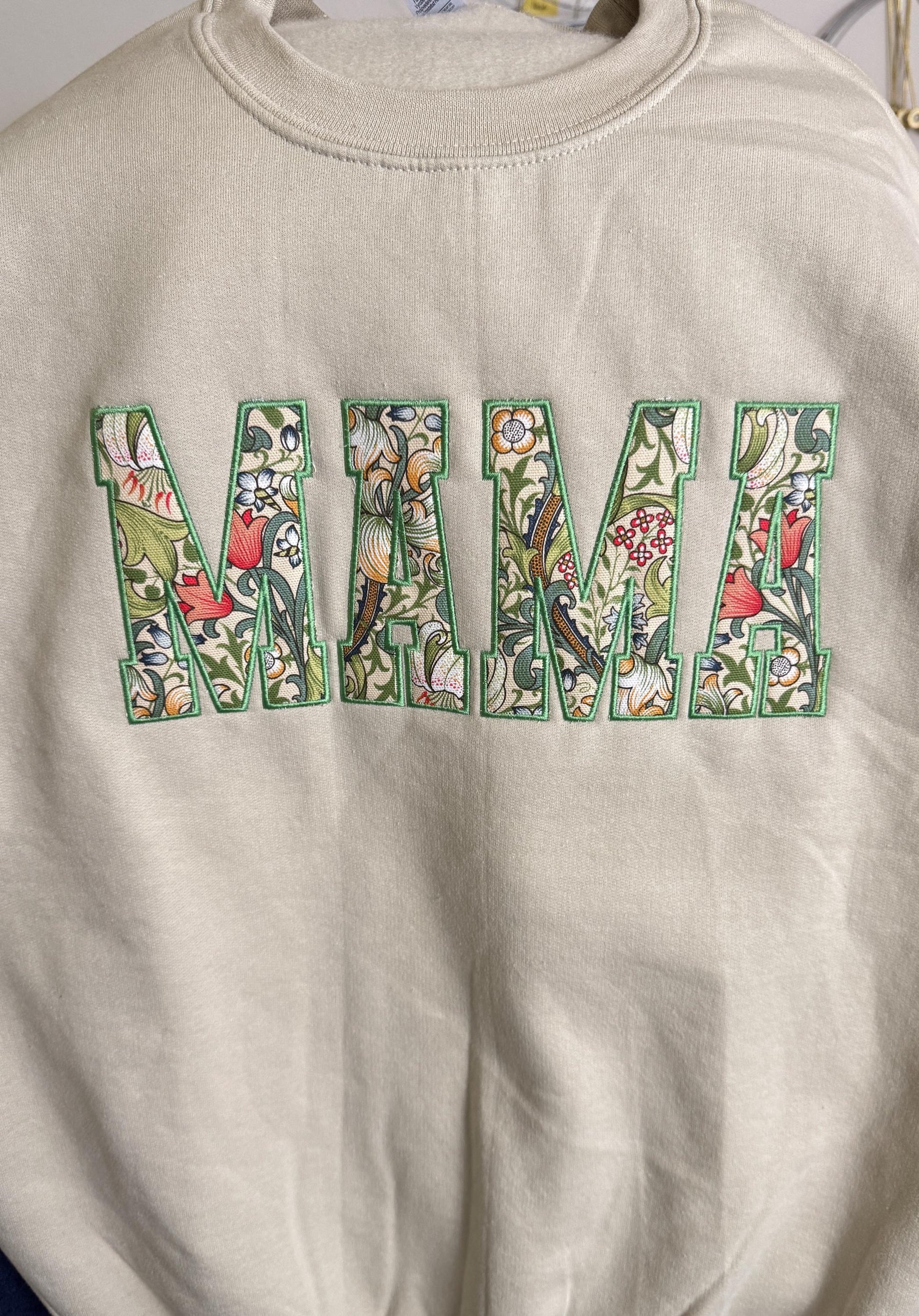 William Morris Golden Lily MAMA Applique Crewneck - Embroidered Satin Stitch - Designer Fabric England - Gildan & Comfort Colors
