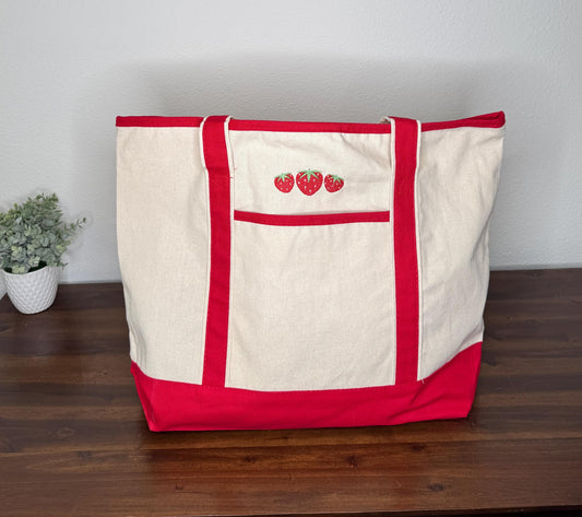 Red Large Embroidered Canvas Boat Tote Bag Three Strawberries Gift for her- Party Bag Beach Travel Bag - Strawberries