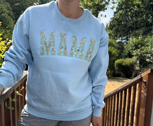 William Morris Mini Strawberry Thief Aqua curved MAMA Applique Crewneck - Embroidered Satin Stitch - Designer Fabric - Gildan/Comfort Colors