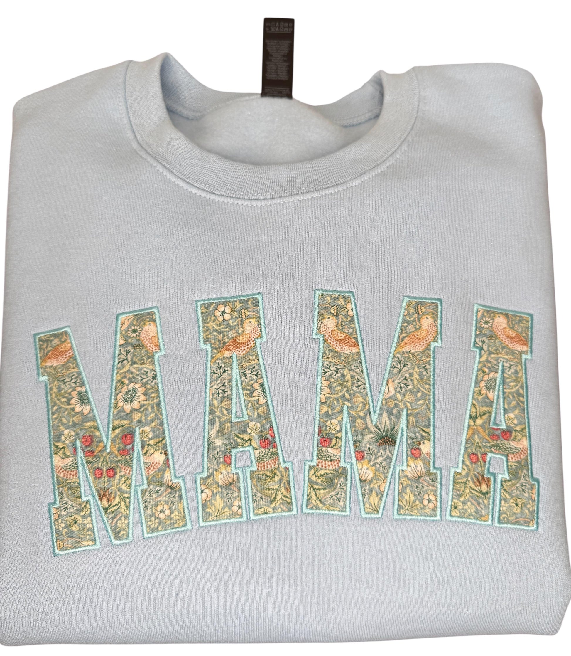 William Morris Mini Strawberry Thief Aqua curved MAMA Applique Crewneck - Embroidered Satin Stitch - Designer Fabric - Gildan/Comfort Colors