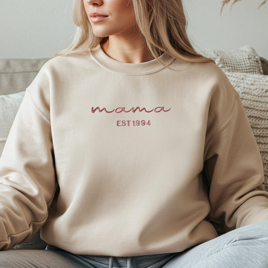 Embroidered MAMA crewneck in script and est date - sleeve embroidery available- Gifts for her - Gildan & Comfort Colors
