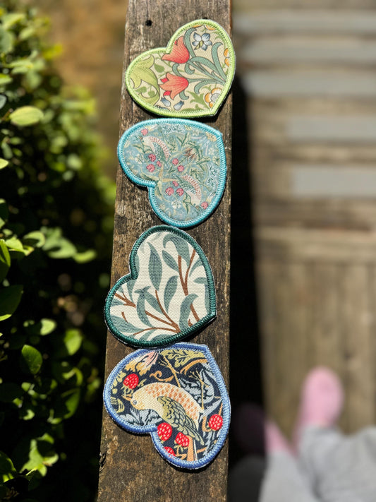 William Morris Fabric Heart Applique Patches - Strawberry Thief Navy, Willow Bough Green, Aqua, Golden Lily - iron on-gift for her