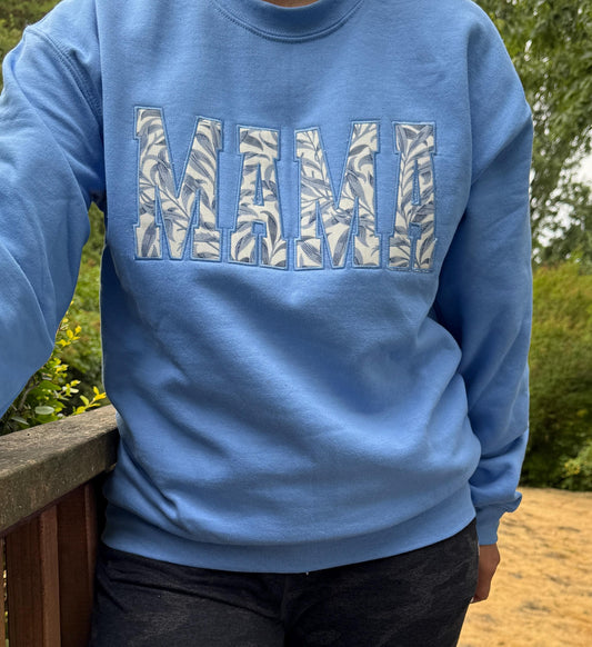 William Morris Willow Bough Blue MAMA Applique Crewneck - Embroidered Satin Stitch - Designer Fabric England - Gildan & Comfort Colors